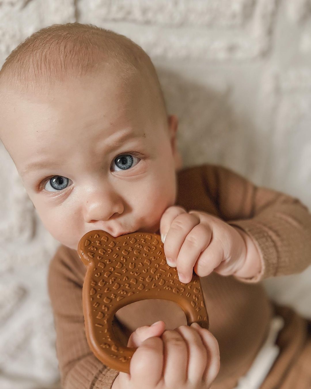 Our silicone bear teething ring in chocolate brown